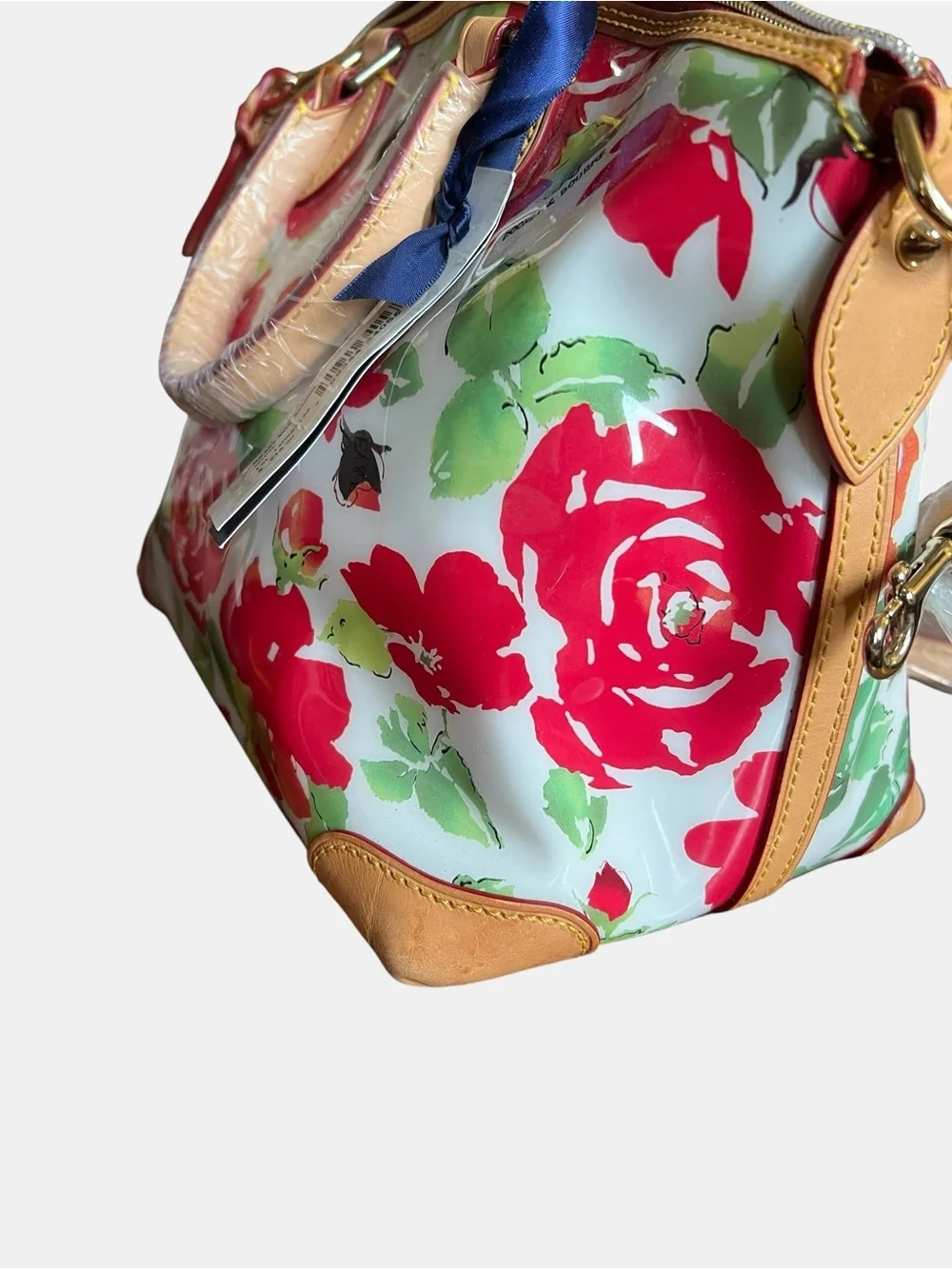 Dooney & Bourke Floral Dome Satchel with Red Floral Print and Tan Leather Trim